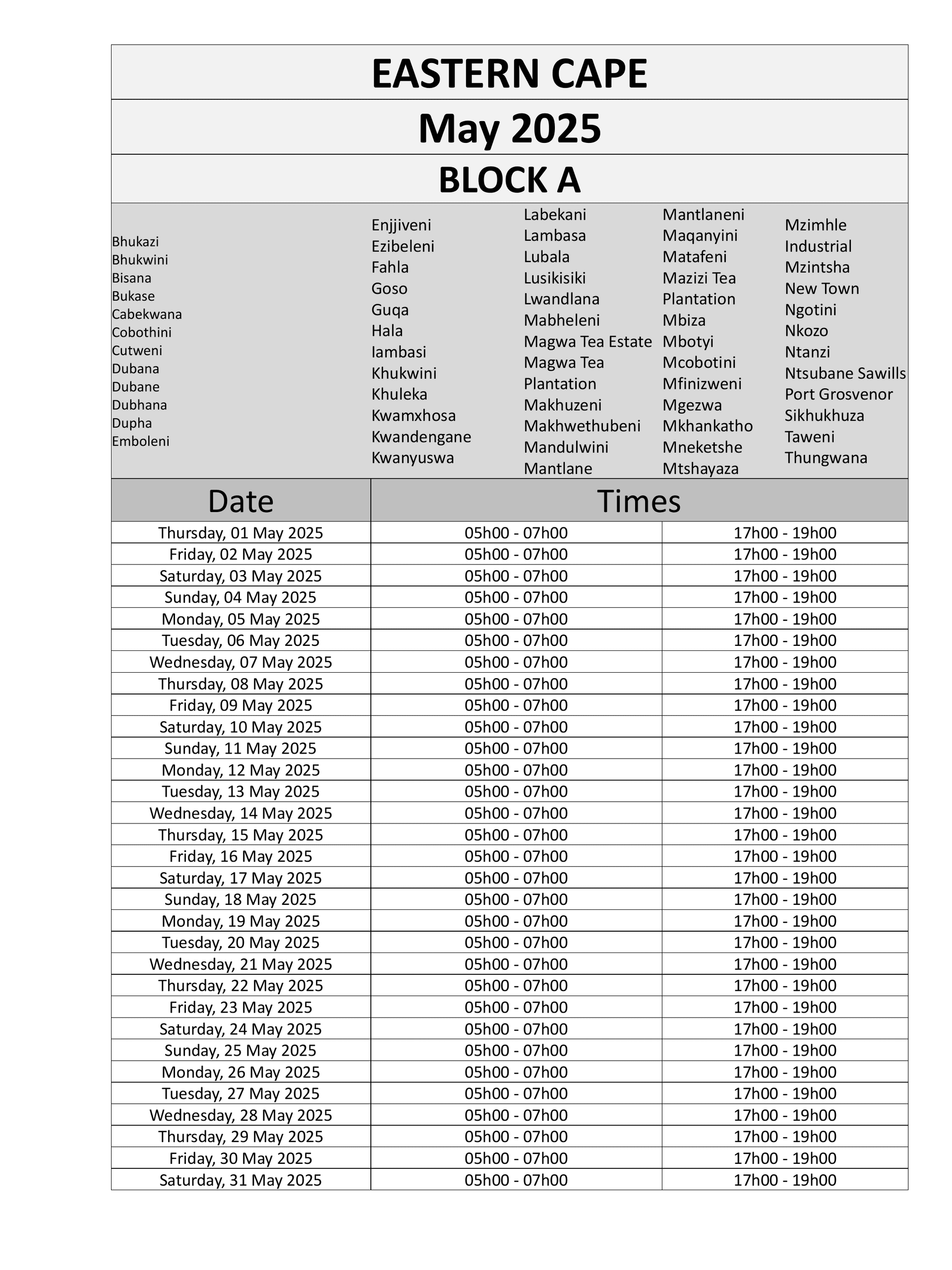 Eastern Cape Load Reduction Schedule page 1
