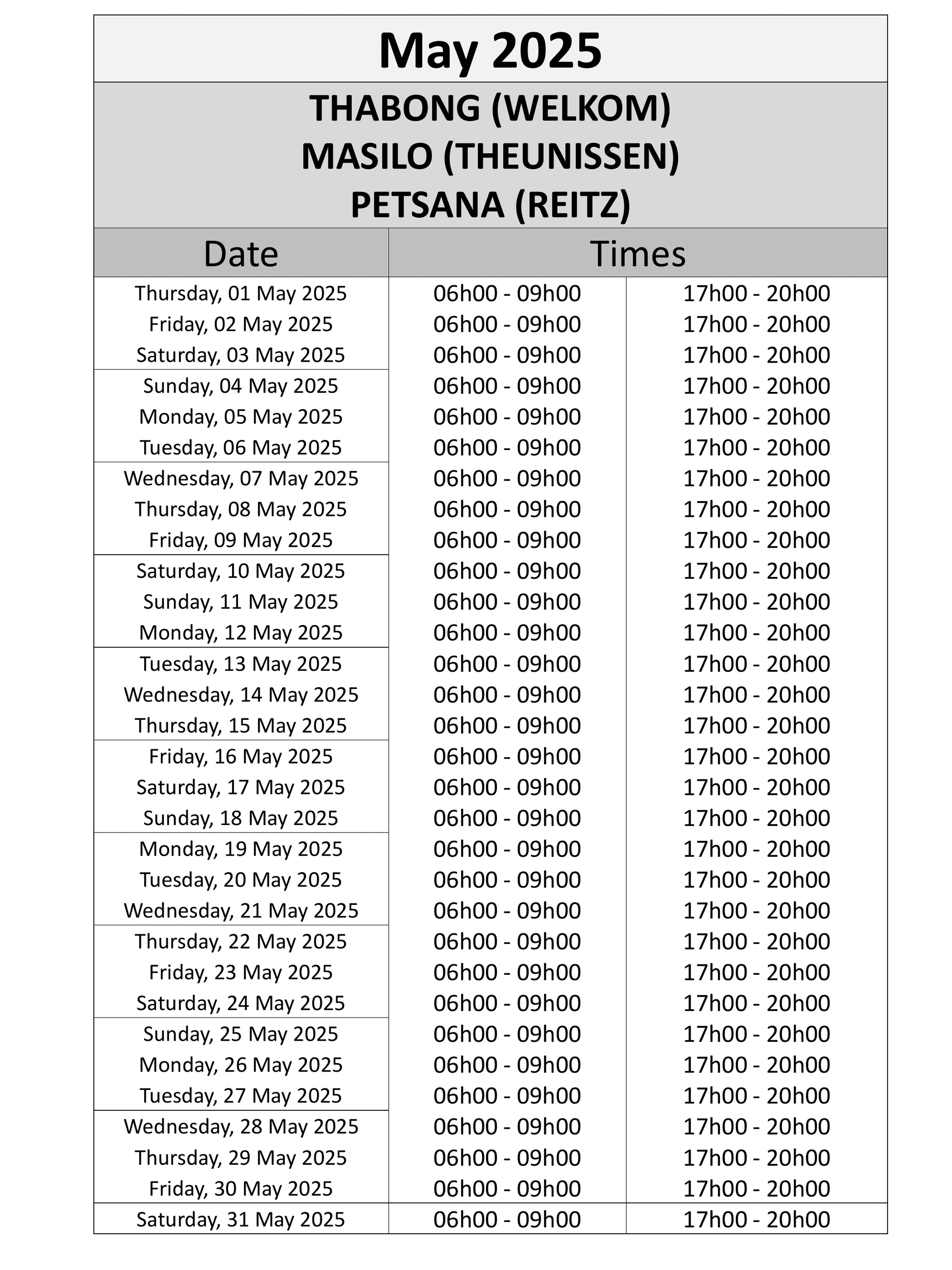 Free State Load Reduction Schedule page 1