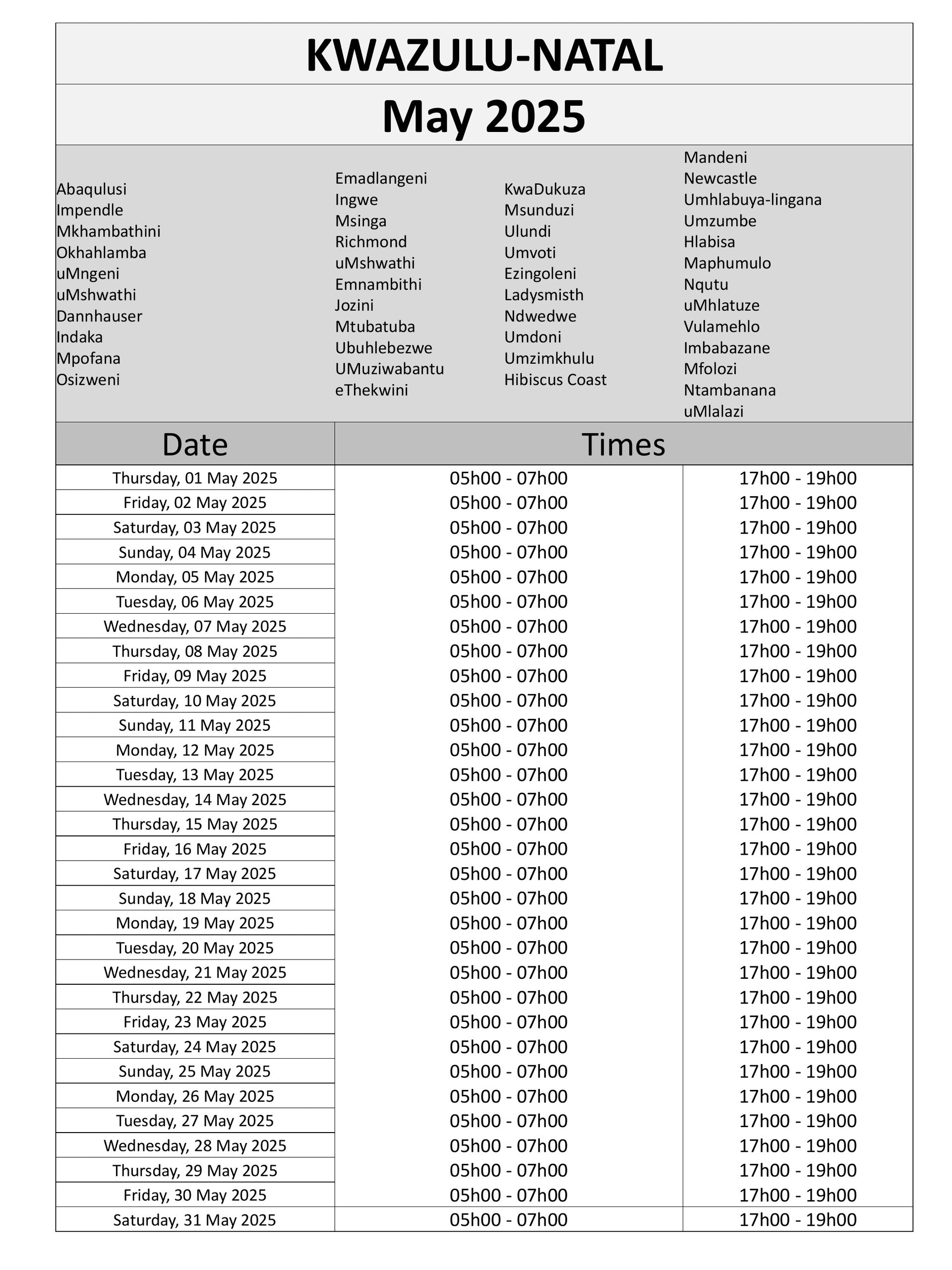 KwaZulu-Natal Load Reduction Schedule page 1