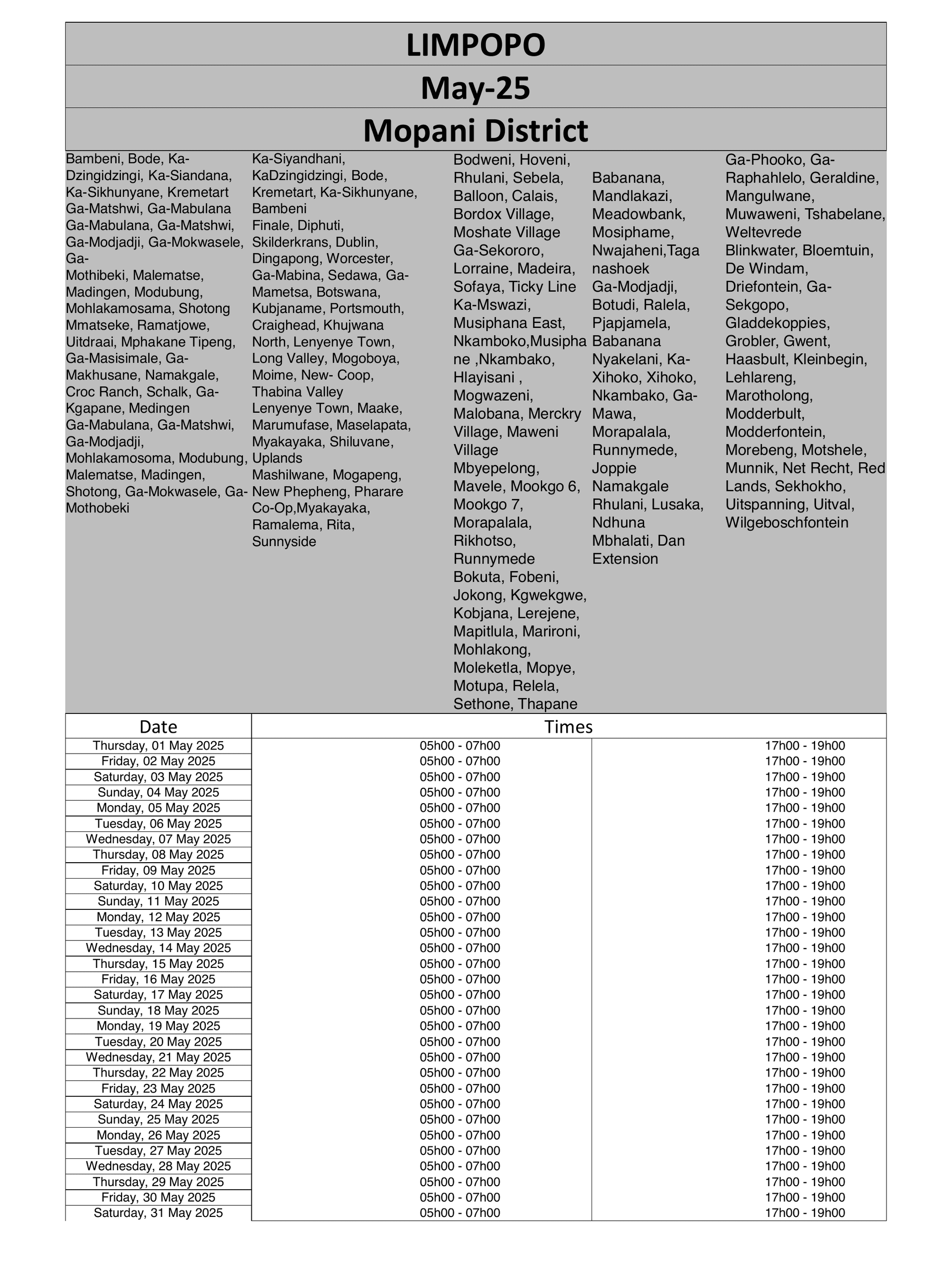 Limpopo Load Reduction Schedule page 1