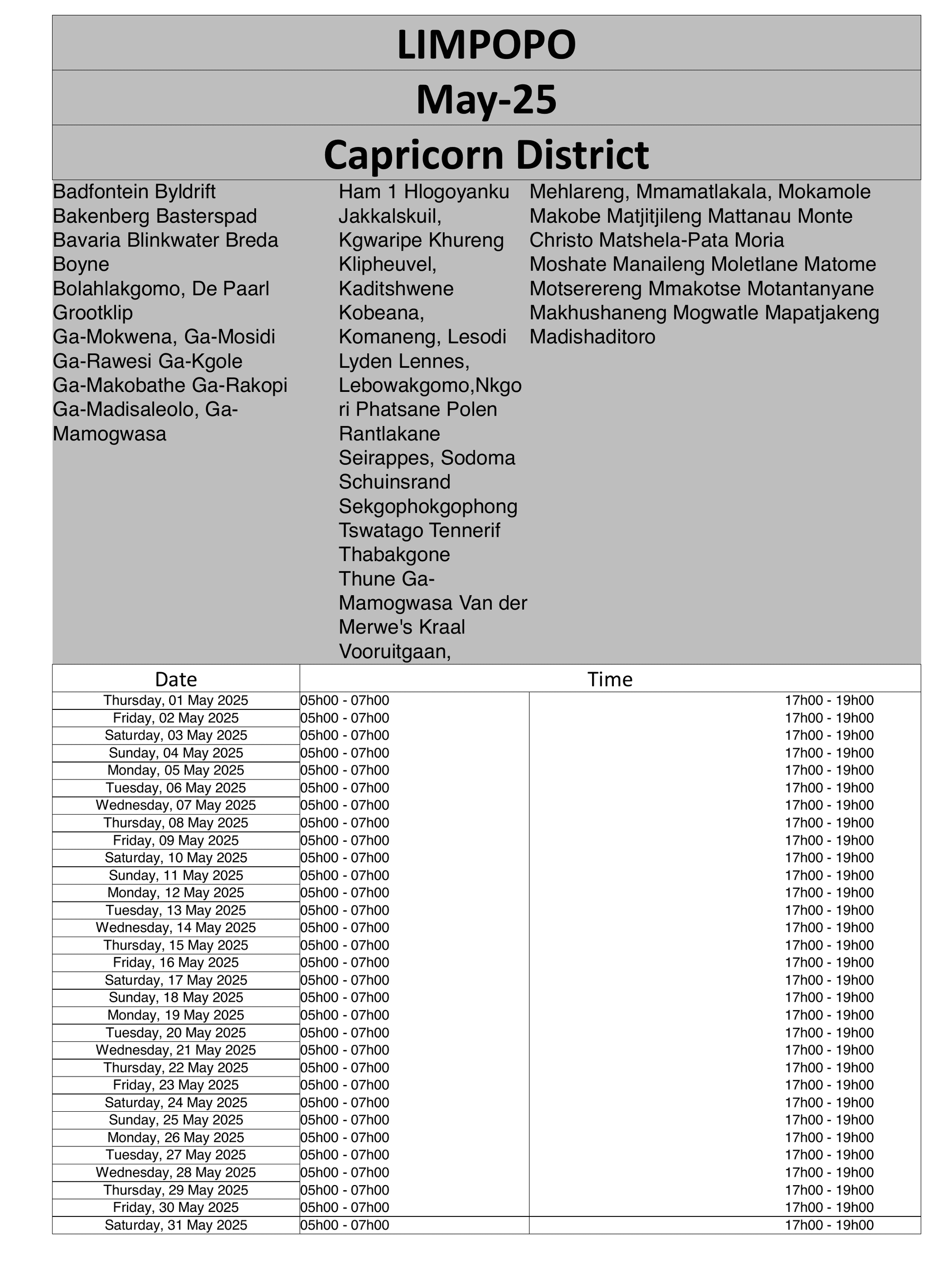 Limpopo Load Reduction Schedule page 2