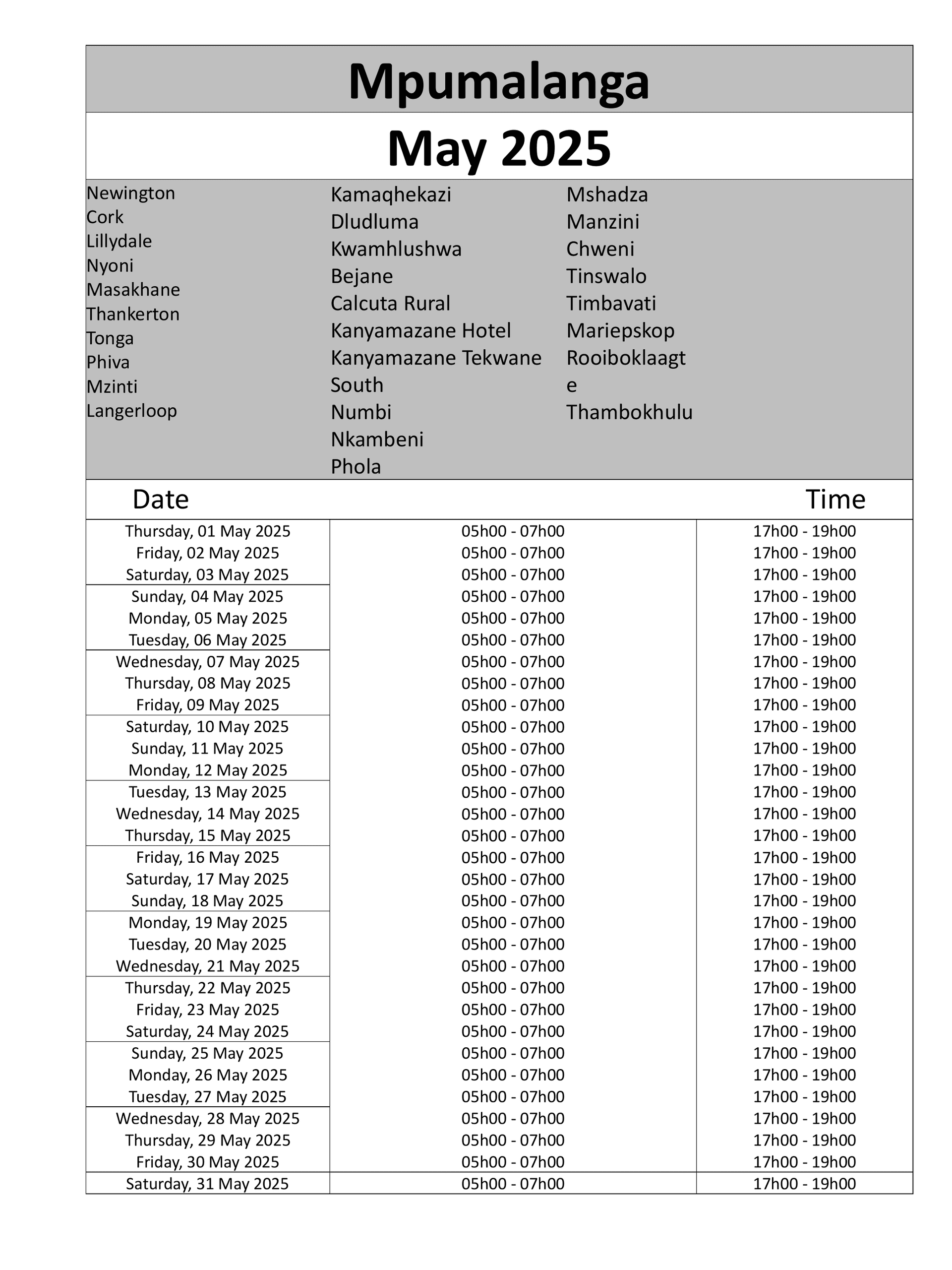 Mpumalanga Load Reduction Schedule page 1