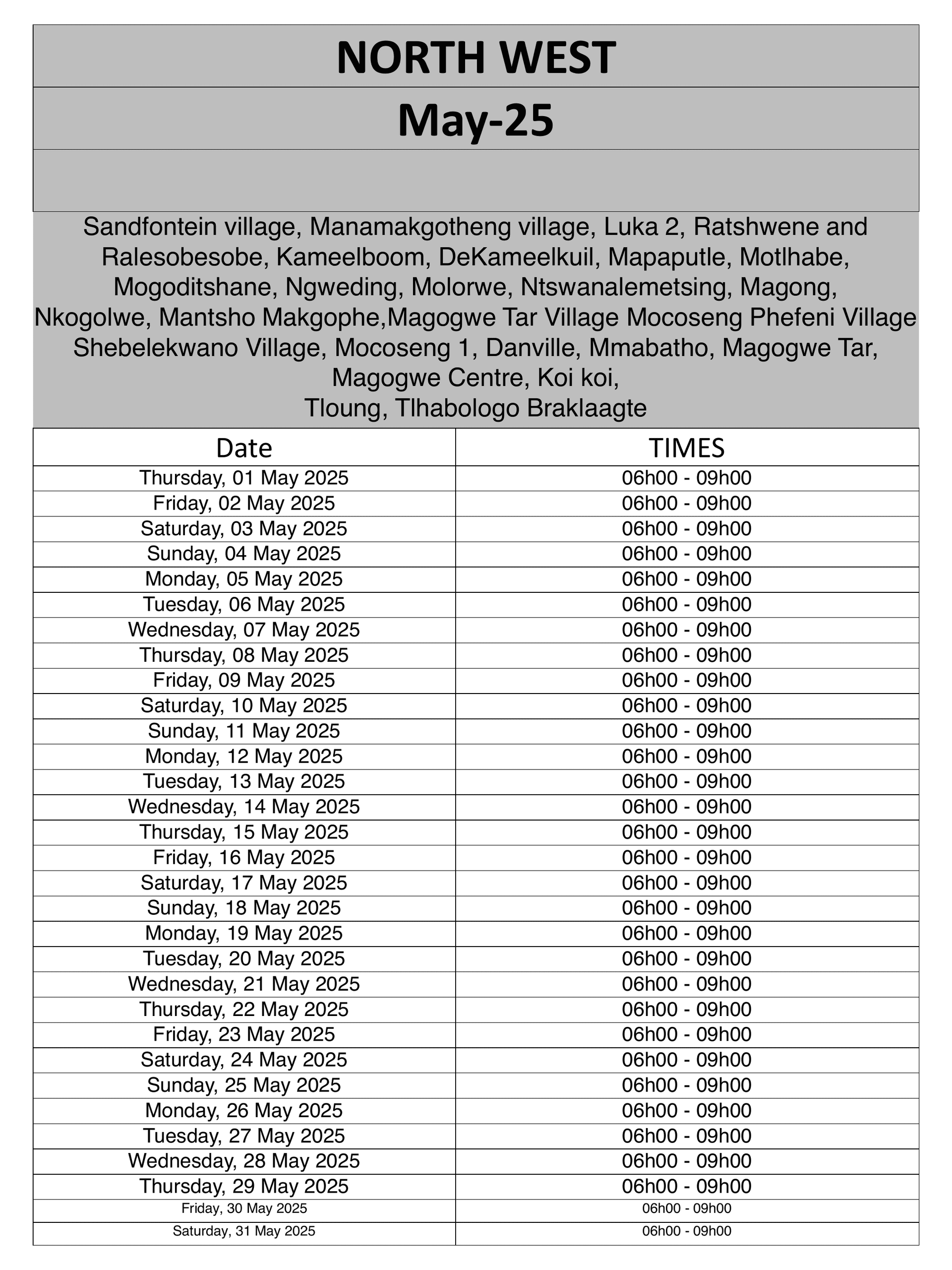 North West Load Reduction Schedule page 1