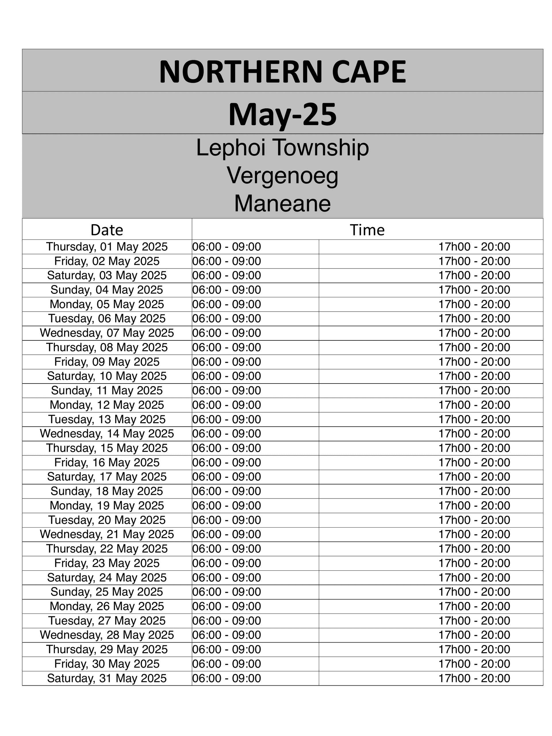 Northern Cape Load Reduction Schedule page 1