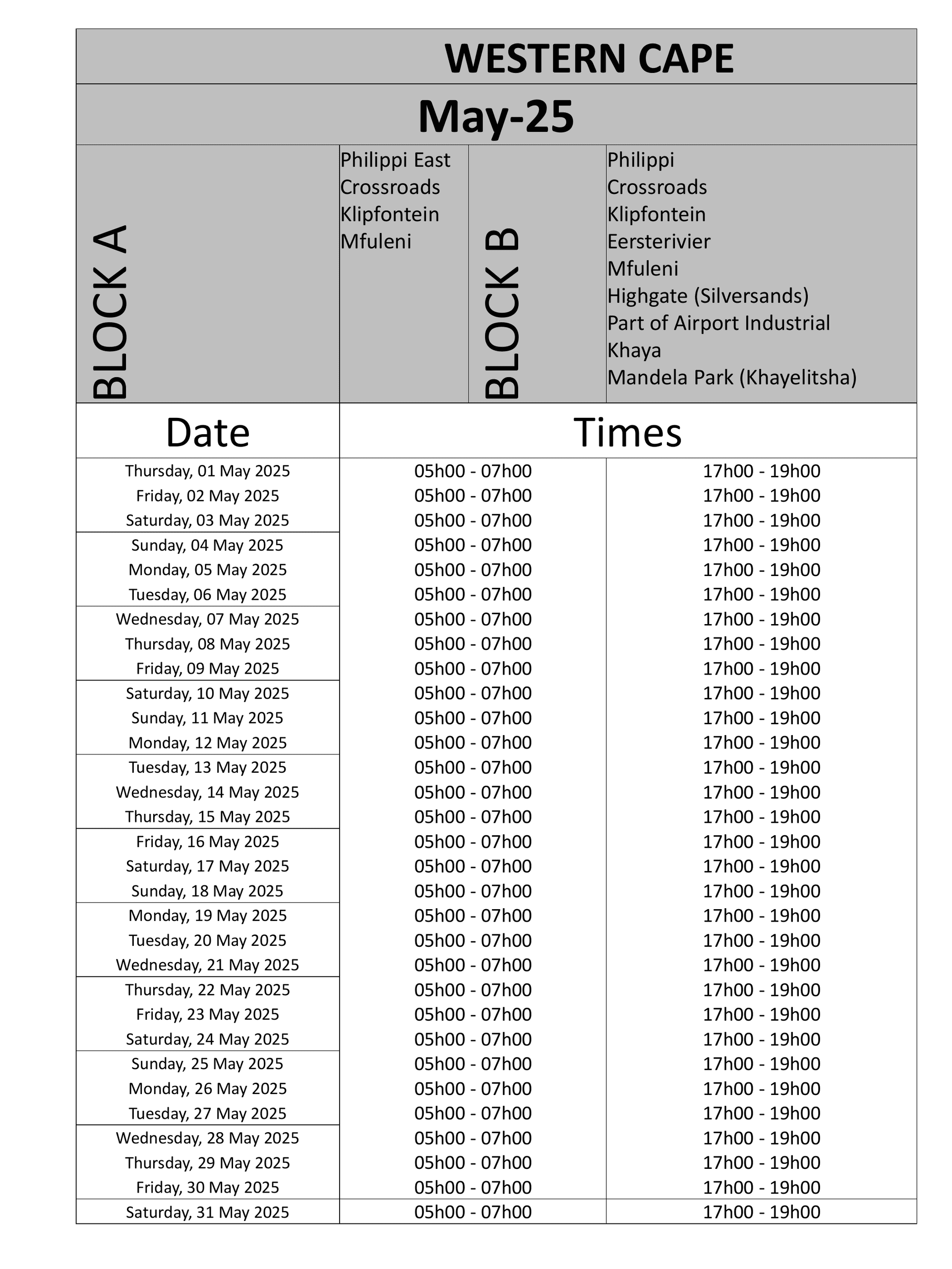 Western Cape Load Reduction Schedule page 1